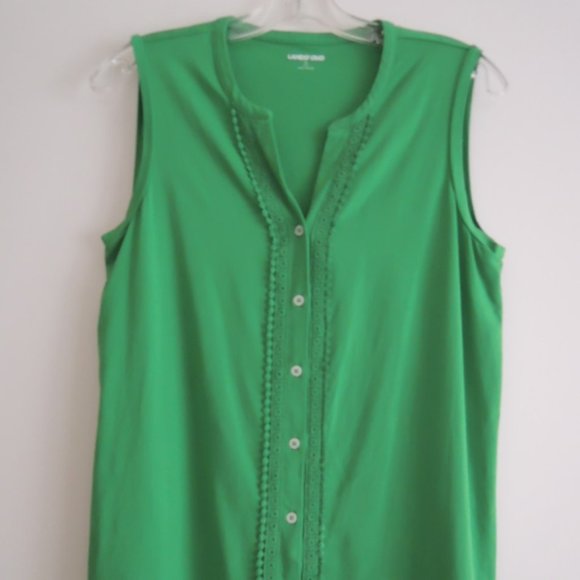 Ladies Top Size S Lace Trim on 7 Button Front LANDS END Bright Green S/L Tunic - Picture 1 of 8